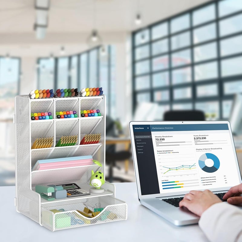 BOHDK Pen Organizer for Desk, Multi-Functional Desk Organizer, Wall Mount Pen Holder with Drawer for School, Office, Home, Art Supplies, White - Image 4